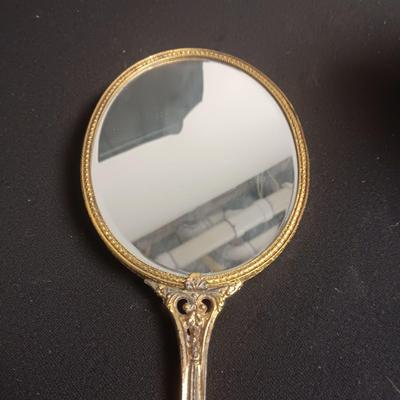 GREEN GLASS POWDER OR TRINKET BOX, LENOX FORTUNE ELEPHANT & VANITY MIRROR