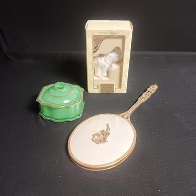 GREEN GLASS POWDER OR TRINKET BOX, LENOX FORTUNE ELEPHANT & VANITY MIRROR