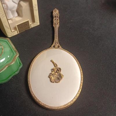 GREEN GLASS POWDER OR TRINKET BOX, LENOX FORTUNE ELEPHANT & VANITY MIRROR