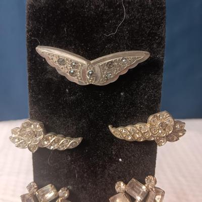 SILVER TONE AND RHINESTONES CLIP ON EARRINGS, BRACELET, PIN AND HAIR CLIP