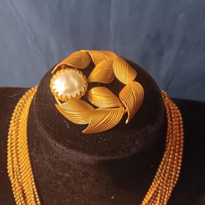 MULTI CHAIN NECKLACE, BROOCH, SMALL BOW PIN AND CLIP ON EARRINGS