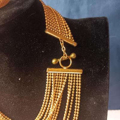 MULTI CHAIN NECKLACE, BROOCH, SMALL BOW PIN AND CLIP ON EARRINGS