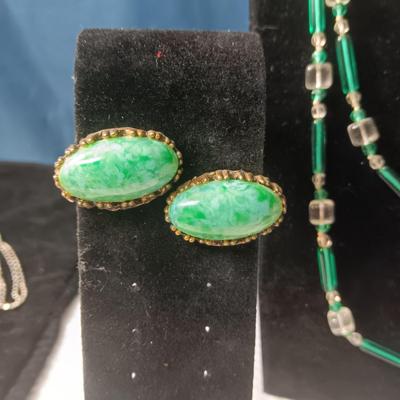 GREEN GLASS BEADED LONG NECKLACE, CLIP ON AND SCREW BACK EARRINGS, MULTI STRAND BRACELET AND MORE