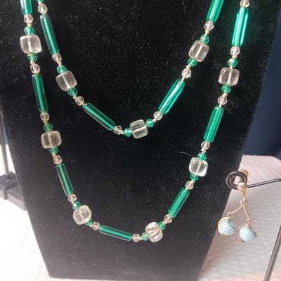 GREEN GLASS BEADED LONG NECKLACE, CLIP ON AND SCREW BACK EARRINGS, MULTI STRAND BRACELET AND MORE