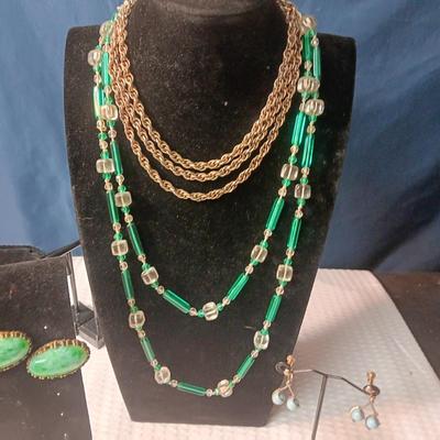 GREEN GLASS BEADED LONG NECKLACE, CLIP ON AND SCREW BACK EARRINGS, MULTI STRAND BRACELET AND MORE