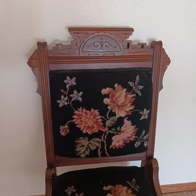EAST LAKE ANTIQUE CHAIR WITH HAND CRAFTED NEEDLE POINT BACK AND SEAT