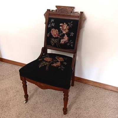 EAST LAKE ANTIQUE CHAIR WITH HAND CRAFTED NEEDLE POINT BACK AND SEAT