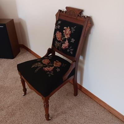 EAST LAKE ANTIQUE CHAIR WITH HAND CRAFTED NEEDLE POINT BACK AND SEAT