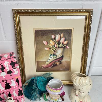 967 Lot of Vintage Ladies Head Vases, Barbie, Shoe Print and Costume Jewelry