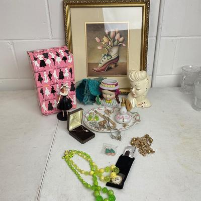 967 Lot of Vintage Ladies Head Vases, Barbie, Shoe Print and Costume Jewelry