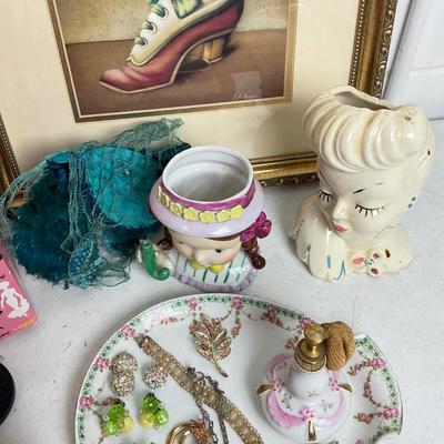 967 Lot of Vintage Ladies Head Vases, Barbie, Shoe Print and Costume Jewelry