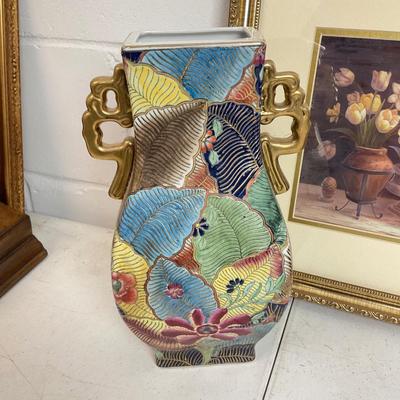 971 Floral Artwork with Tobacco Leaf Style Vase and Blue Glass Decanter