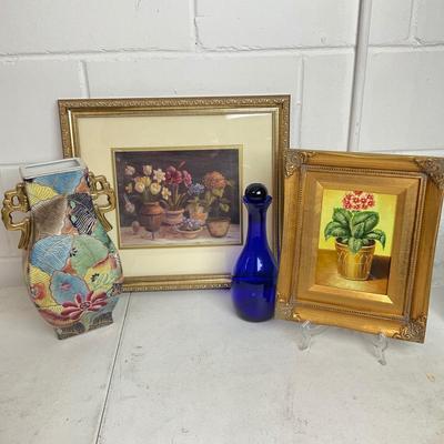 971 Floral Artwork with Tobacco Leaf Style Vase and Blue Glass Decanter