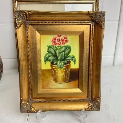 971 Floral Artwork with Tobacco Leaf Style Vase and Blue Glass Decanter