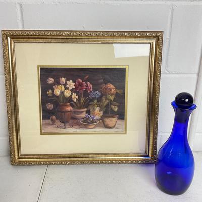 971 Floral Artwork with Tobacco Leaf Style Vase and Blue Glass Decanter
