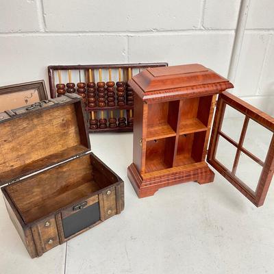 972 Wooden Abacus, Small Chest , Small Wall Display Cabinet , Original Watercolor