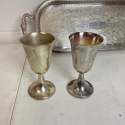 981 Plated Footed Tray with Plated Goblets and Gorham Candlessticks