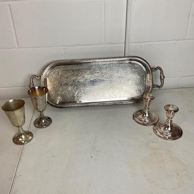 981 Plated Footed Tray with Plated Goblets and Gorham Candlessticks