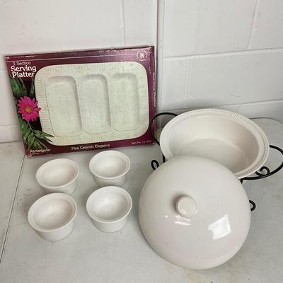 993 White Ceramic Covered Serving Dish with Platters and Bowls