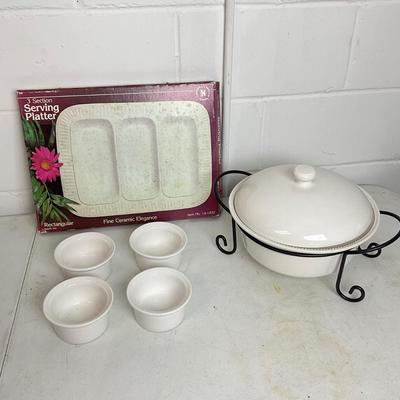 993 White Ceramic Covered Serving Dish with Platters and Bowls