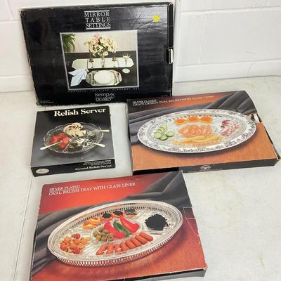 994 Lot of Glass Serving Trays , Salt and Pepper, with Serving Trays