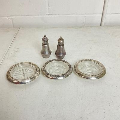 1003 Sterling Silver Weighted Salt and Pepper Shakers and Crystal Silver Coasters