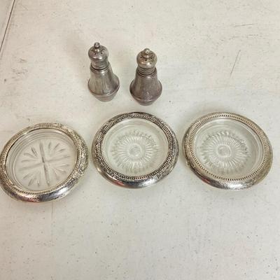 1003 Sterling Silver Weighted Salt and Pepper Shakers and Crystal Silver Coasters