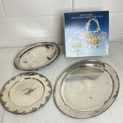1004 Silver plated Grape Design Basket and Serving Trays