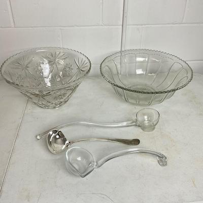 1007 Two Large Pressed Glass Punch Bowls with Three Ladles