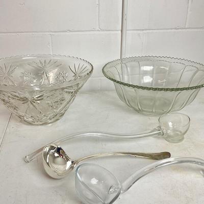 1007 Two Large Pressed Glass Punch Bowls with Three Ladles