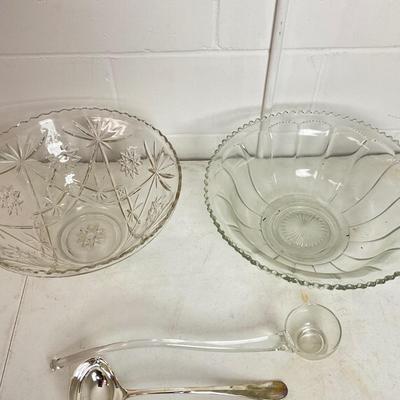 1007 Two Large Pressed Glass Punch Bowls with Three Ladles