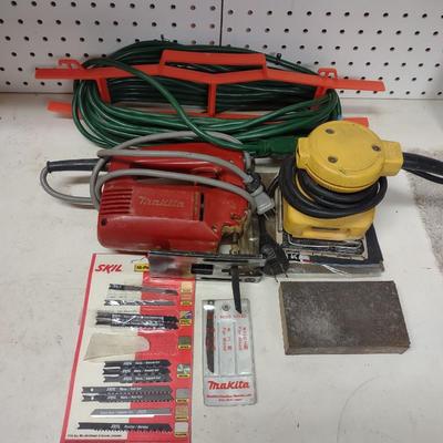 MAKITA JIG SAW, BLADES, SANDER, AND EXTENSION CORD