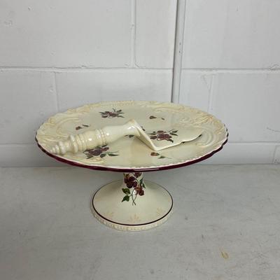 1011 Very Large Painted Floral Pedestal Cake Plate with Server