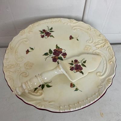 1011 Very Large Painted Floral Pedestal Cake Plate with Server