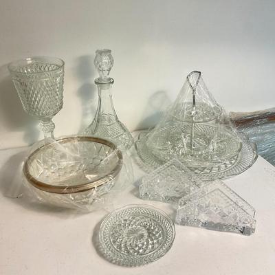 1016 Lot of Pressed Glass With Napkin Holders, Decanter