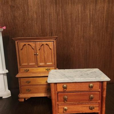 Marble Top Doll Dresser and Brown Wardrobe