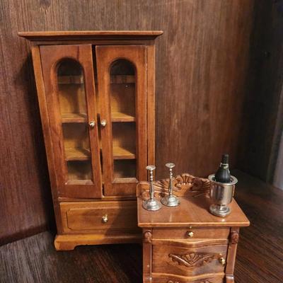 Brown Doll Hutch and Small End Table