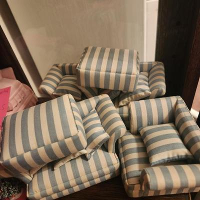 White and Blue Striped Ottomans, Pillows, Couch, Love Seat, and Lounge Chair