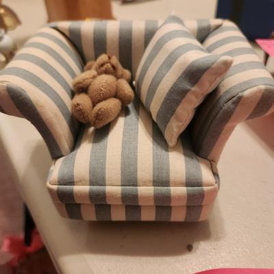 White and Blue Striped Chair w/ Teddy Bear