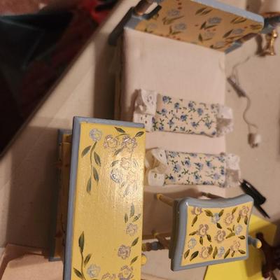 Yellow, Blue, and Purple Floral Nightstand, Dresser, and Bed