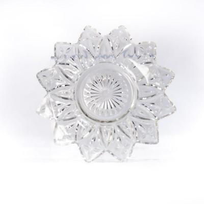 Sale Photo Thumbnail #448: This is a Federal Glass "Petal Clear" pressed glass bowl or pate. It features a distinctive flower-like, starburst design with a clear finish.
