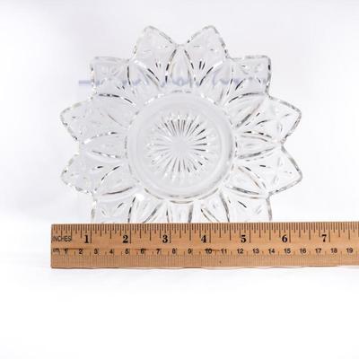 Sale Photo Thumbnail #445: This is a Federal Glass "Petal Clear" pressed glass bowl or pate. It features a distinctive flower-like, starburst design with a clear finish.