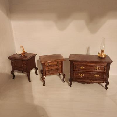 2 Wooden Brown End Tables and Brown Wooden Dresser