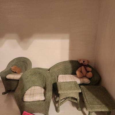 6 Piece Set of Green Wicker Chairs, Tables, and Couch