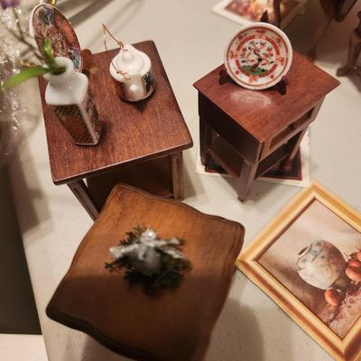 3 Brown Wooden End Tables w/ Plates