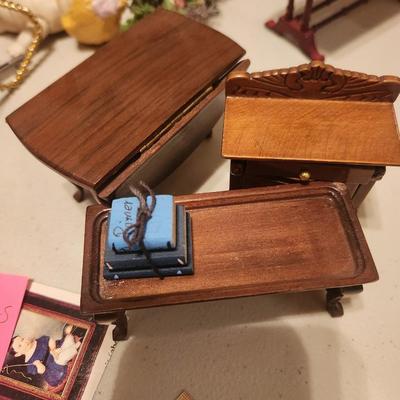 3 Brown Wooden Tables and End Tables w/ Books