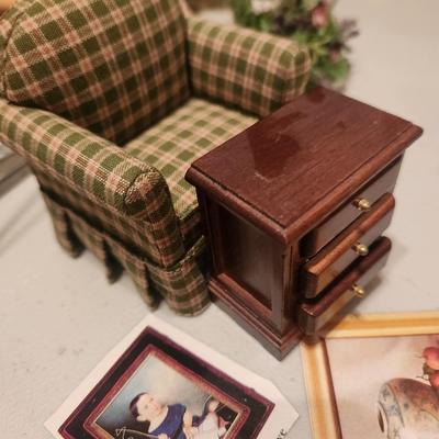 Green and Orange Plaid Chair and Brown Wooden Nightstand