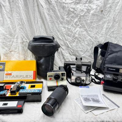 Sale Photo Thumbnail #386: All untested  1 Land camera with case, 2 One step Polaroids, one with brown leather case. 2 Instamatic Kodaks one with some used film inside. Extra gear flashes in an original box.   This is a Tokina RMC 80-200mm f/4 telephoto zoom lens. It is a manual fo