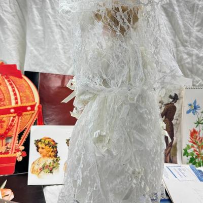 Sale Photo Thumbnail #414: Wedding dress bride porcelain doll "Timeless Treasure" Victorian theme cards, photogrpahs. Flower making craft books 1950s.