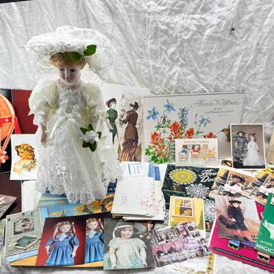 Sale Photo Thumbnail #411: Wedding dress bride porcelain doll "Timeless Treasure" Victorian theme cards, photogrpahs. Flower making craft books 1950s.